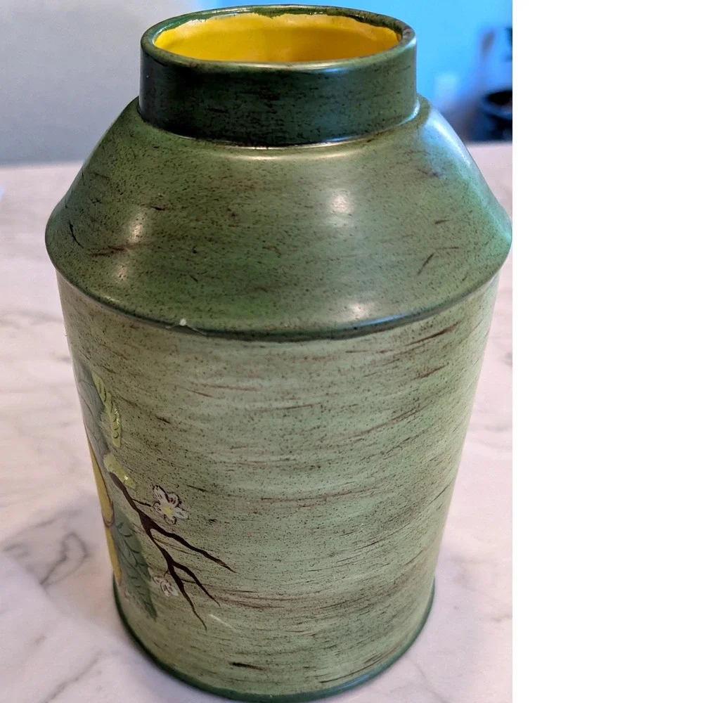 Vintage‎ Hand Painted Ceramic Pear Tea Caddy Ginger Jar Sage Green Rustic Decor